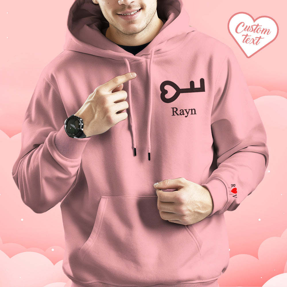 Personalized Text Embroidered Hoodie Sweet Heart Key And Lock Set Sweatshirt Valentine Gifts For Couples - auphotoblanket