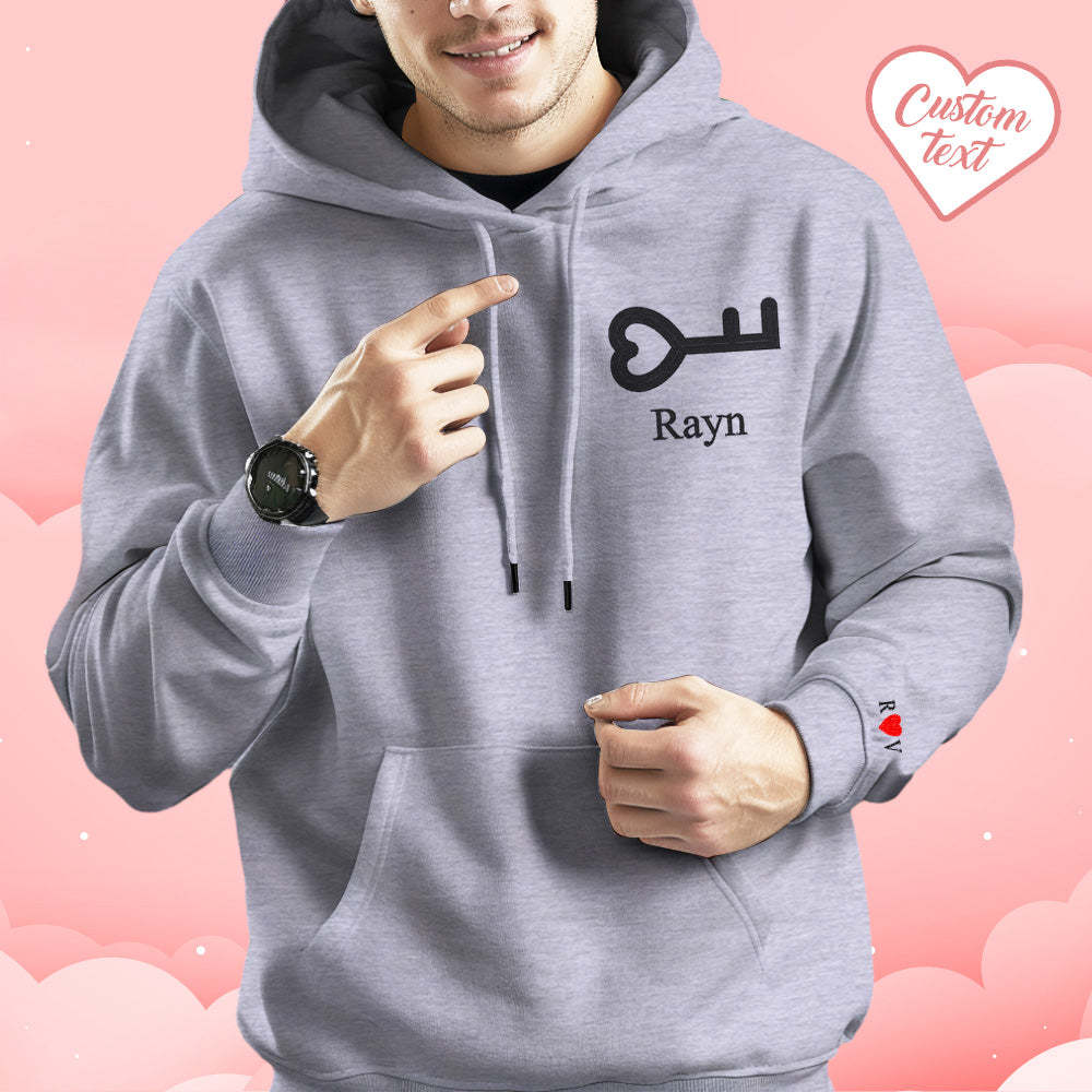 Personalized Text Embroidered Hoodie Sweet Heart Key And Lock Set Sweatshirt Valentine Gifts For Couples - auphotoblanket