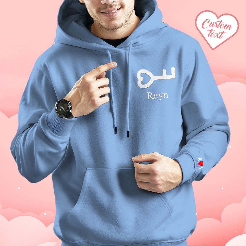 Personalized Text Embroidered Hoodie Sweet Heart Key And Lock Set Sweatshirt Valentine Gifts For Couples - auphotoblanket