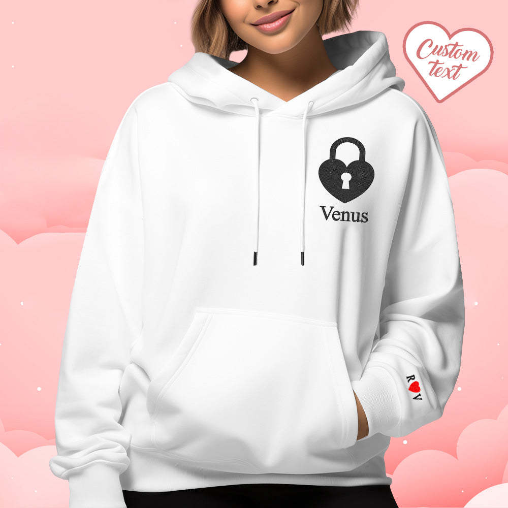 Personalized Text Embroidered Hoodie Meaningful Heart Key And Lock Set Couple Sweatshirt - auphotoblanket