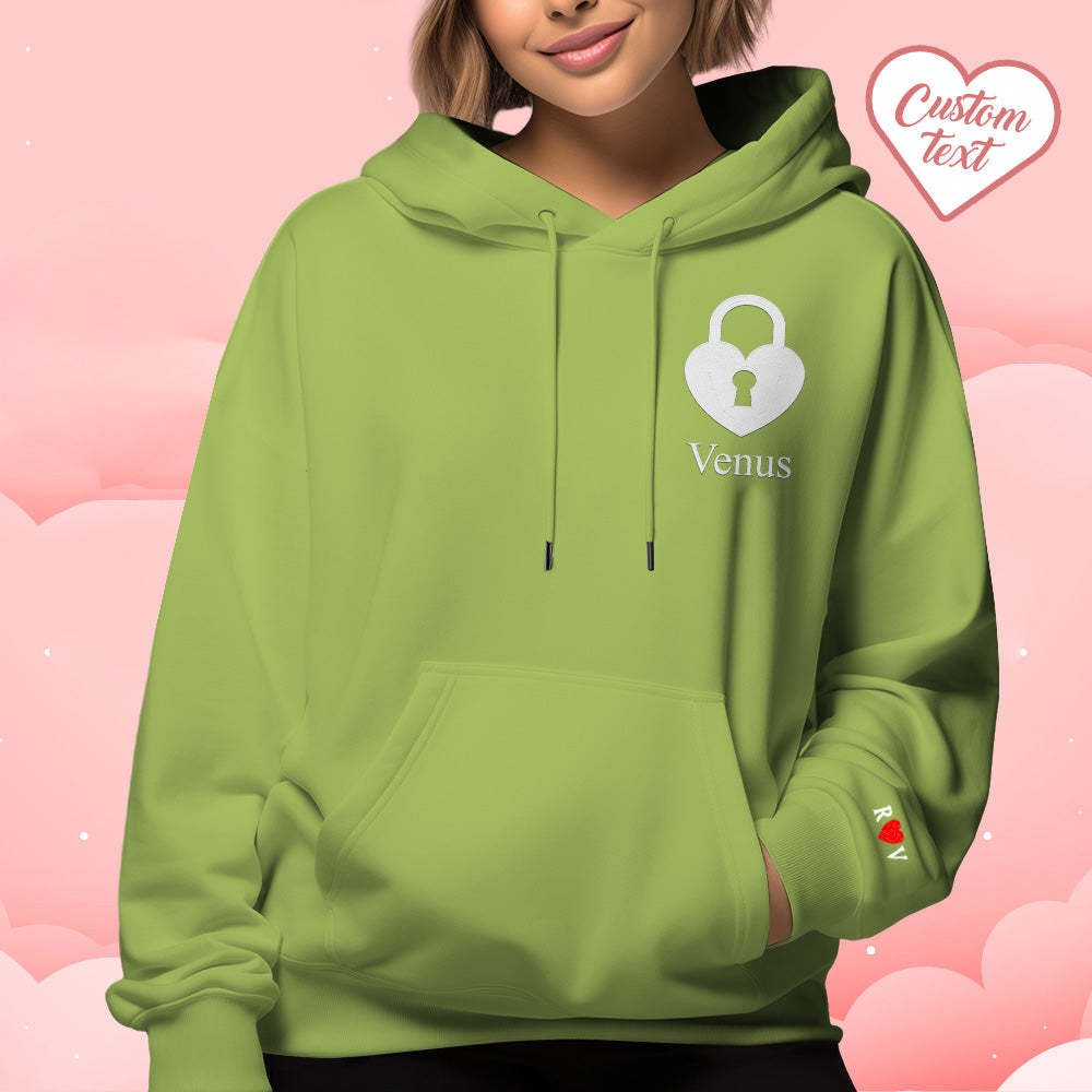 Personalized Text Embroidered Hoodie Meaningful Heart Key And Lock Set Couple Sweatshirt - auphotoblanket