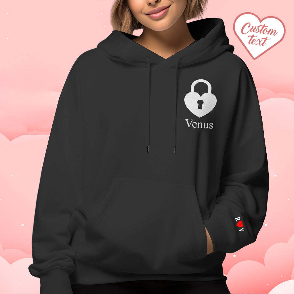Personalized Text Embroidered Hoodie Meaningful Heart Key And Lock Set Couple Sweatshirt - auphotoblanket