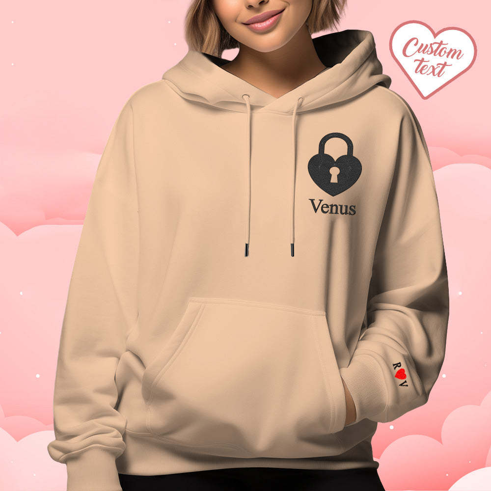 Personalized Text Embroidered Hoodie Meaningful Heart Key And Lock Set Couple Sweatshirt - auphotoblanket
