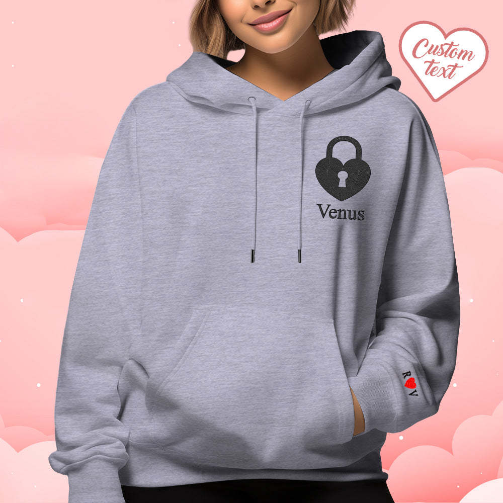 Personalized Text Embroidered Hoodie Sweet Heart Key And Lock Set Sweatshirt Valentine Gifts For Couples - auphotoblanket