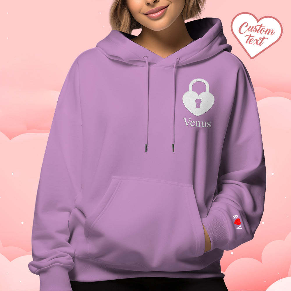 Personalized Text Embroidered Hoodie Sweet Heart Key And Lock Set Sweatshirt Valentine Gifts For Couples - auphotoblanket