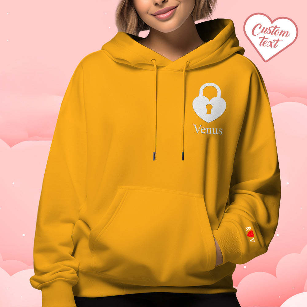 Personalized Text Embroidered Hoodie Sweet Heart Key And Lock Set Sweatshirt Valentine Gifts For Couples - auphotoblanket