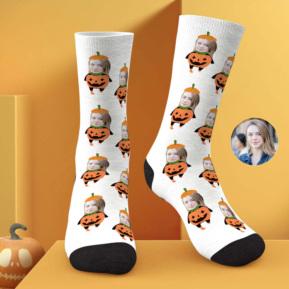 Custom Socks with Face Photo Socks Funny Pumpkin Socks for Halloween Gifts - auphotoblanket