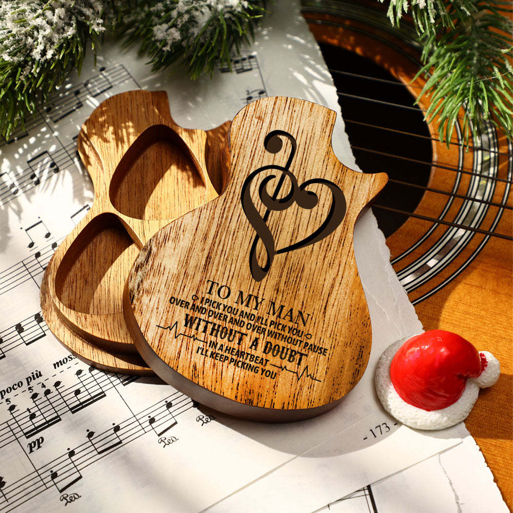 Guitar Wood Picks Box,Guitar Shaped Guitar Pick Box Plectrum Container with 3 Pcs Guitar Pick for Guitar Standard Picks