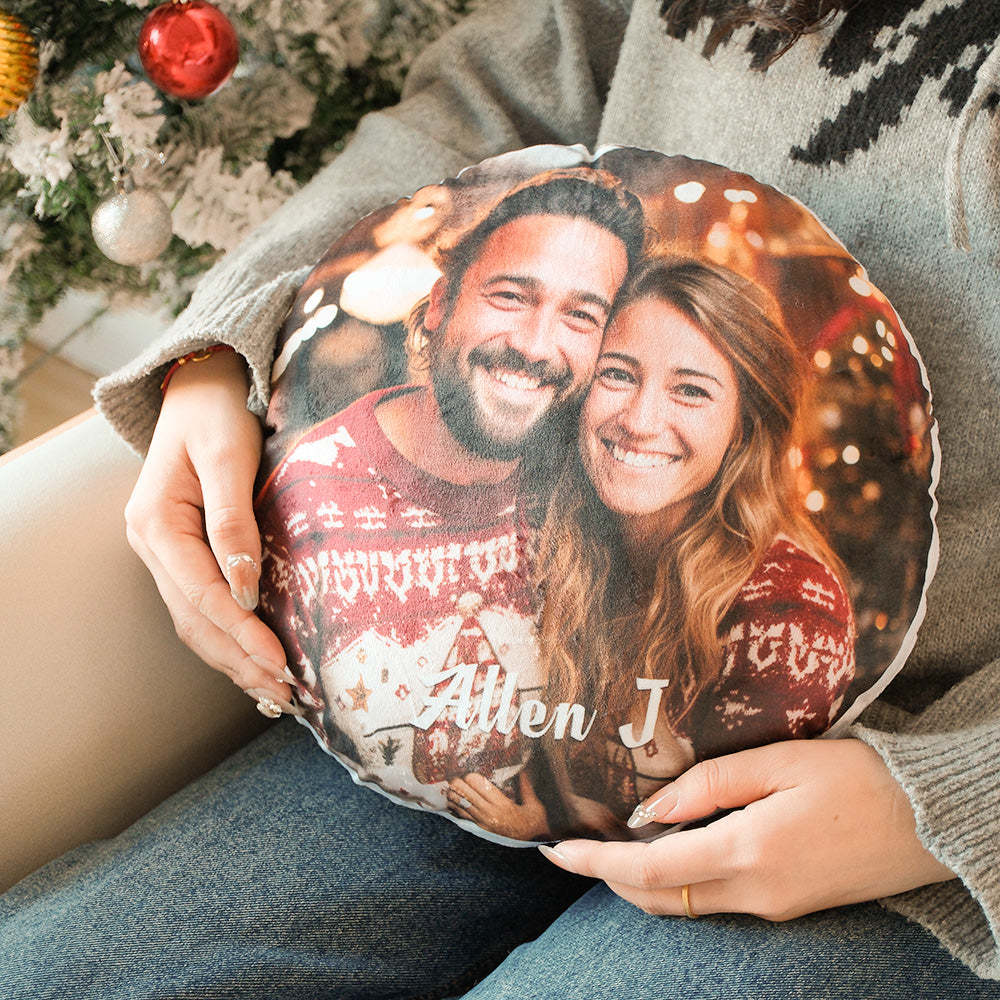 Custom Photo Round Shape Personalized Text Pillow - auphotoblanket