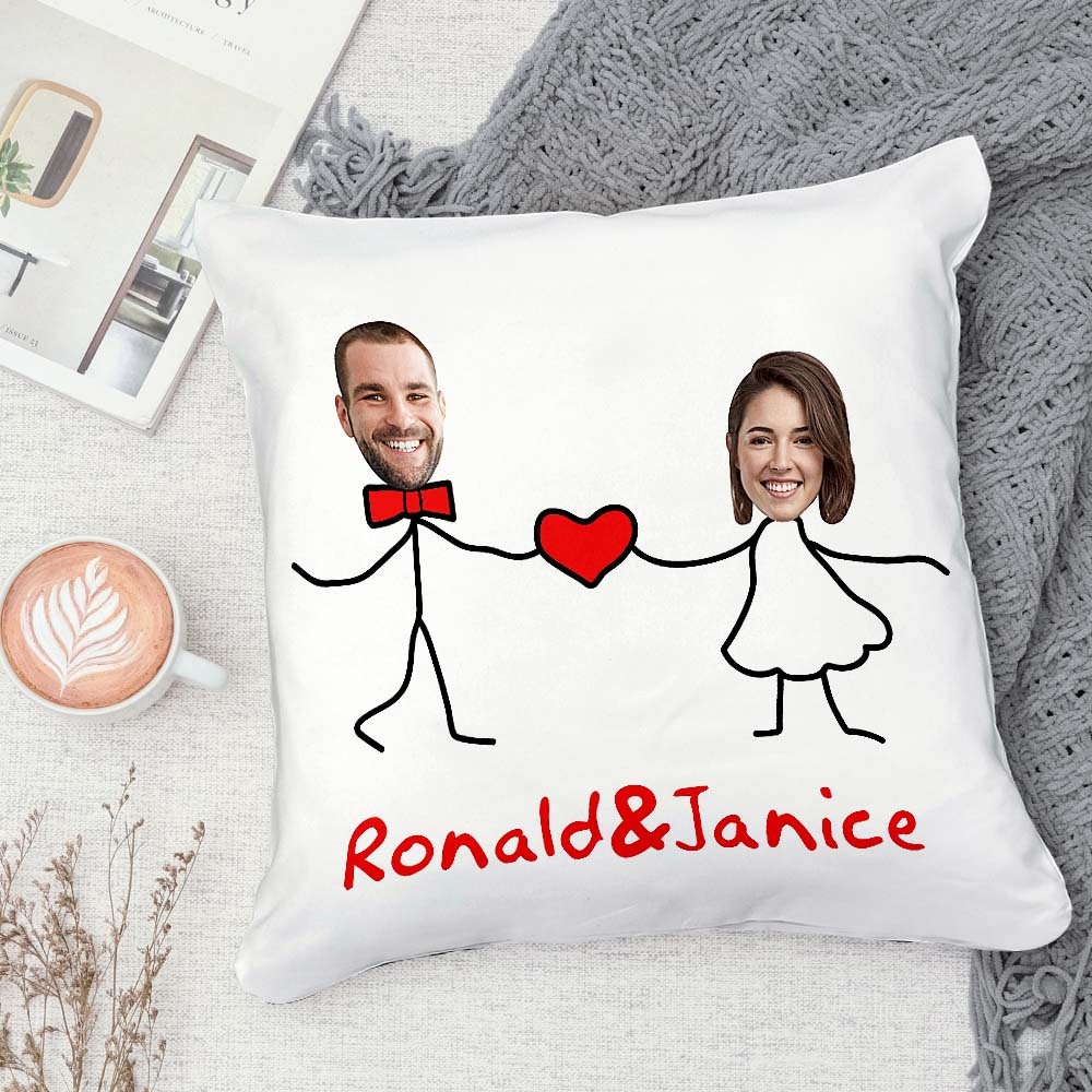 Custom Matchmaker Face Pillow Holding Hands with Love Personalized Couple Photo and Text Throw Pillow Valentine's Day Gift - auphotoblanket