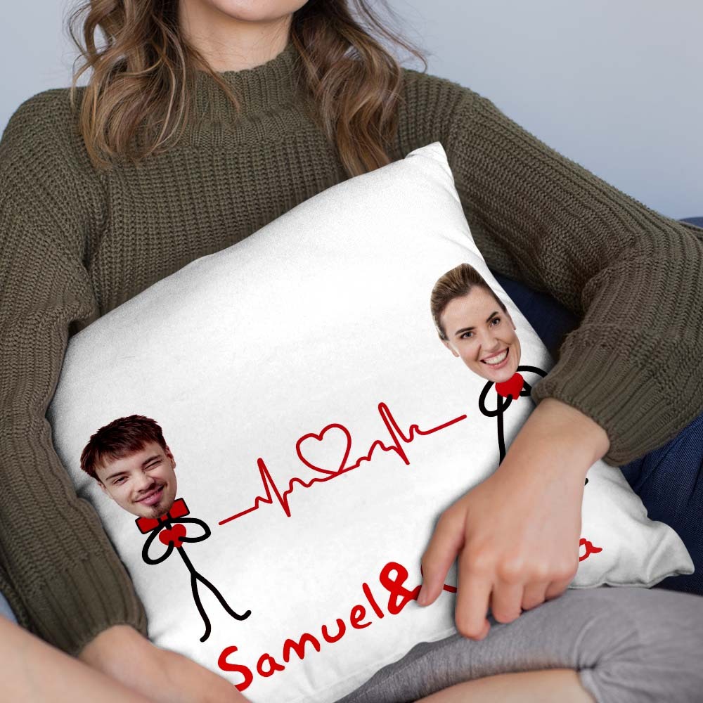Custom Matchmaker Face Pillow ECG Love Personalized Couple Photo and Text Throw Pillow Valentine's Day Gift - auphotoblanket