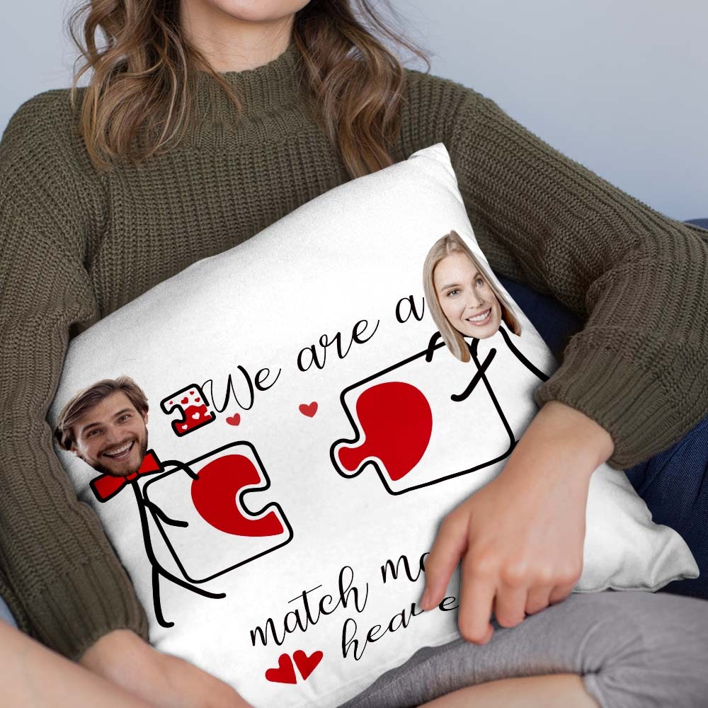 Custom Matchmaker Face Pillow Heartbeat Puzzle Personalized Couple Photo Throw Pillow Valentine's Day Gift - auphotoblanket