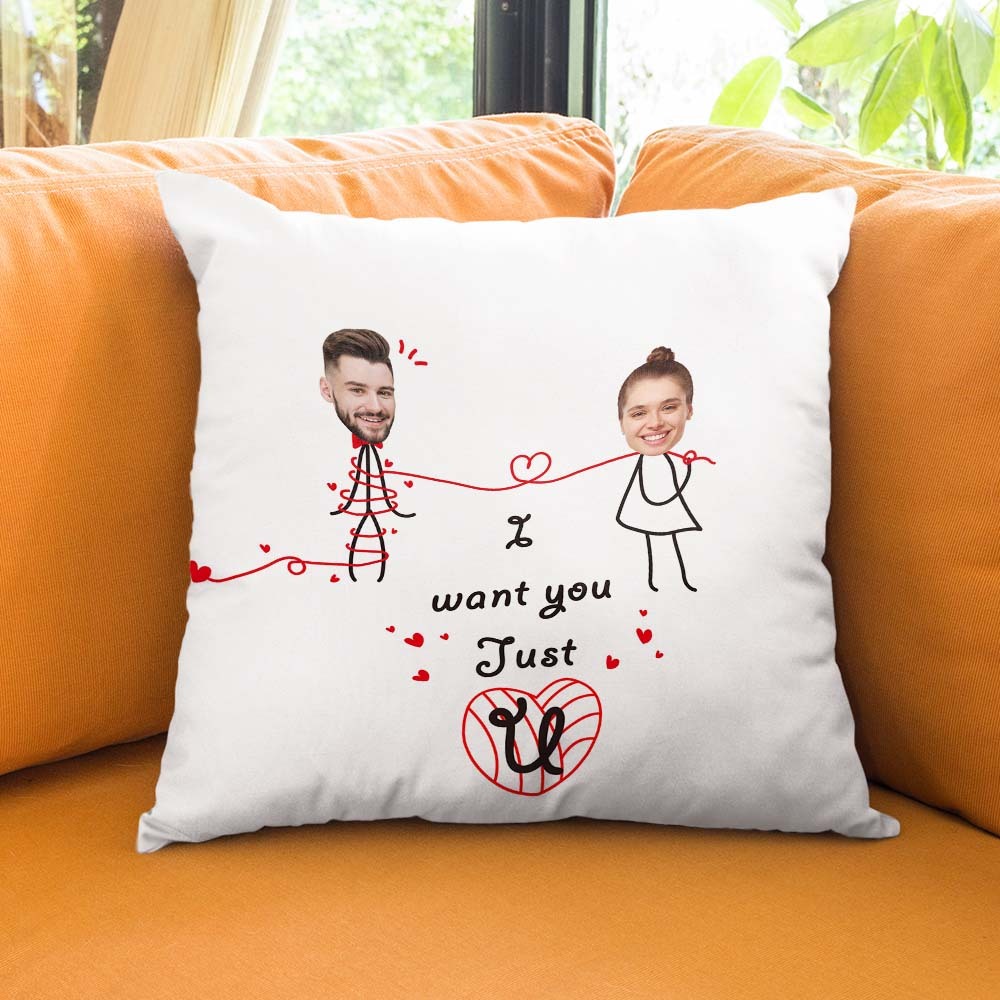 Custom Matchmaker Face Pillow I Just Want U Personalized Couple Photo Throw Pillow Valentine's Day Gift - auphotoblanket