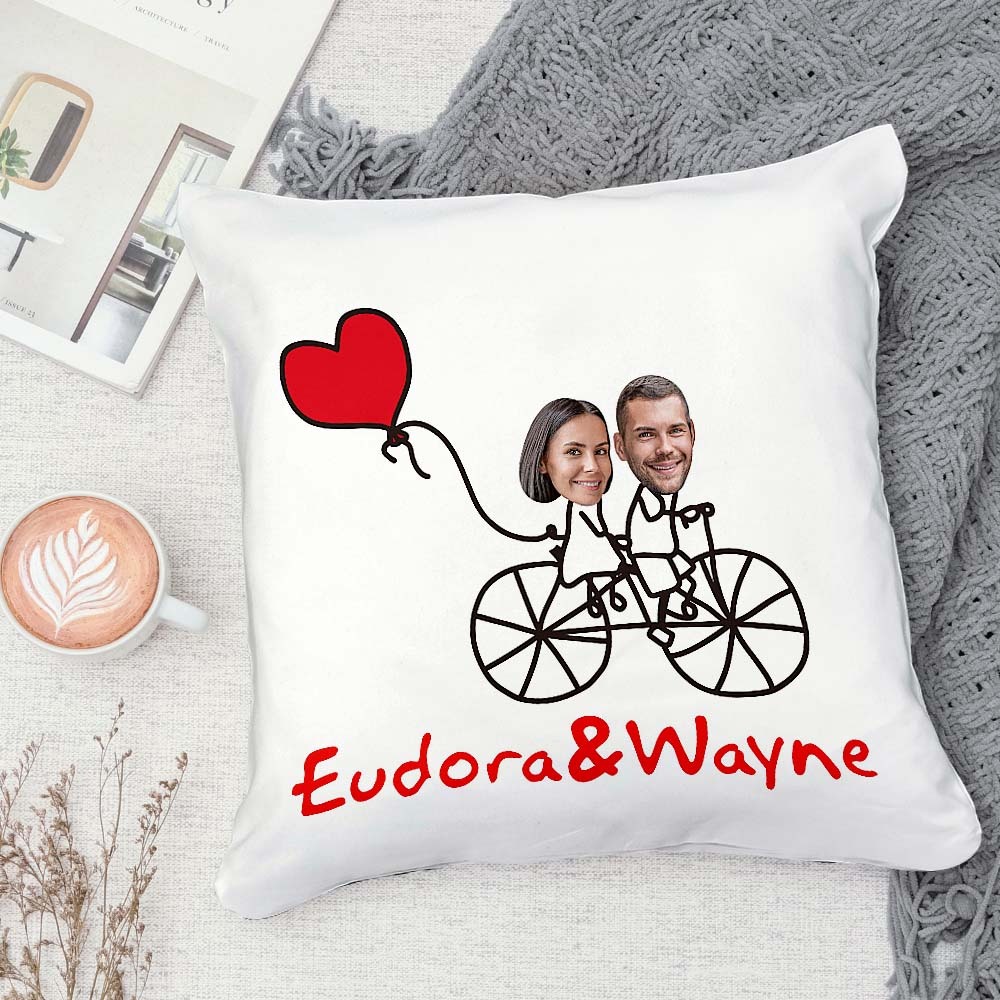 Custom Matchmaker Face Pillow Love Bike Personalized Couple Photo and Text Throw Pillow Valentine's Day Gift - auphotoblanket
