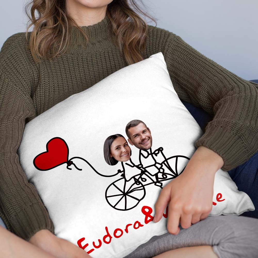 Custom Matchmaker Face Pillow Love Bike Personalized Couple Photo and Text Throw Pillow Valentine's Day Gift - auphotoblanket