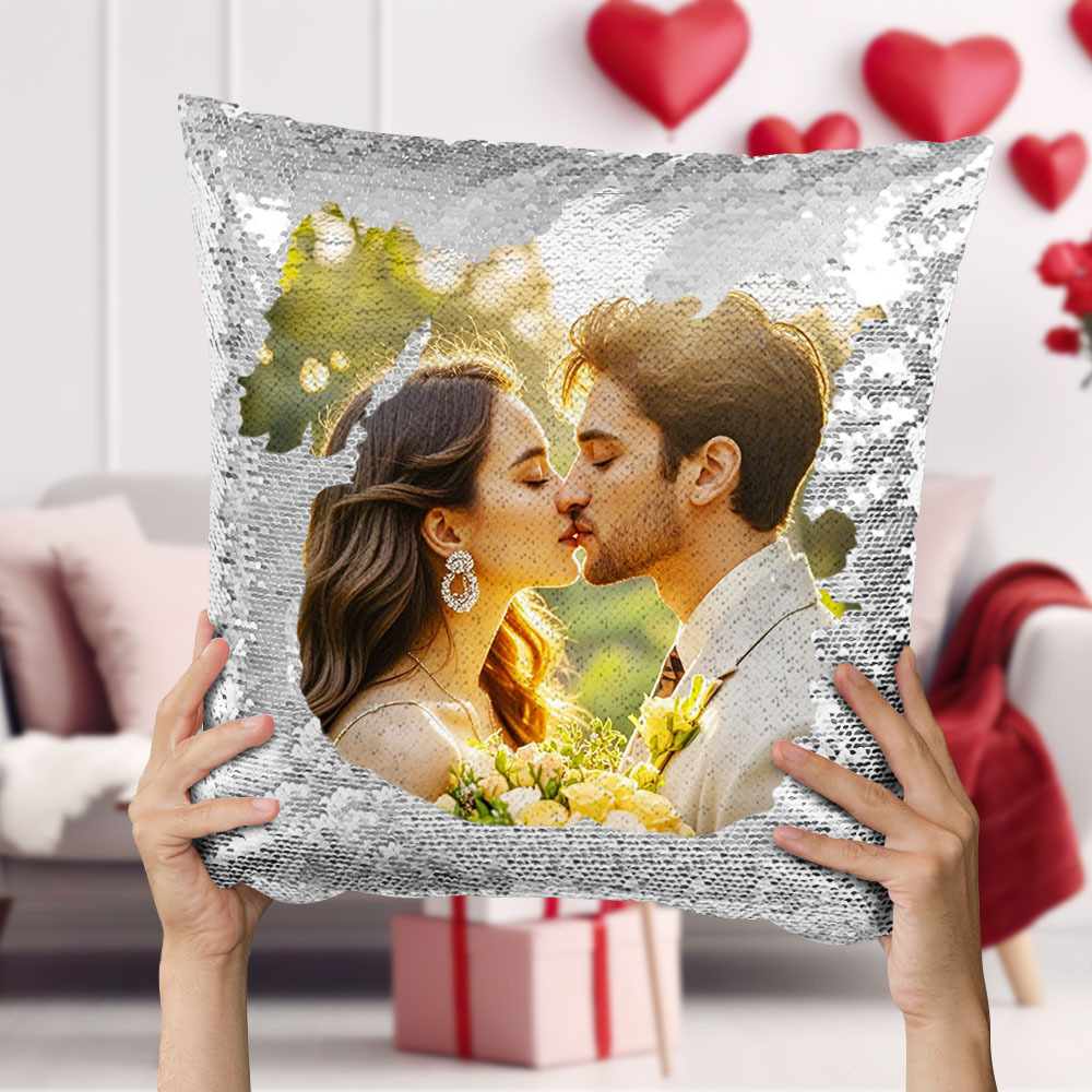 Valentine's Day Personalized Photo Sequin Pillow Full Printing Reversible Pillow Anniversary Gift   15.75" x 15.75"