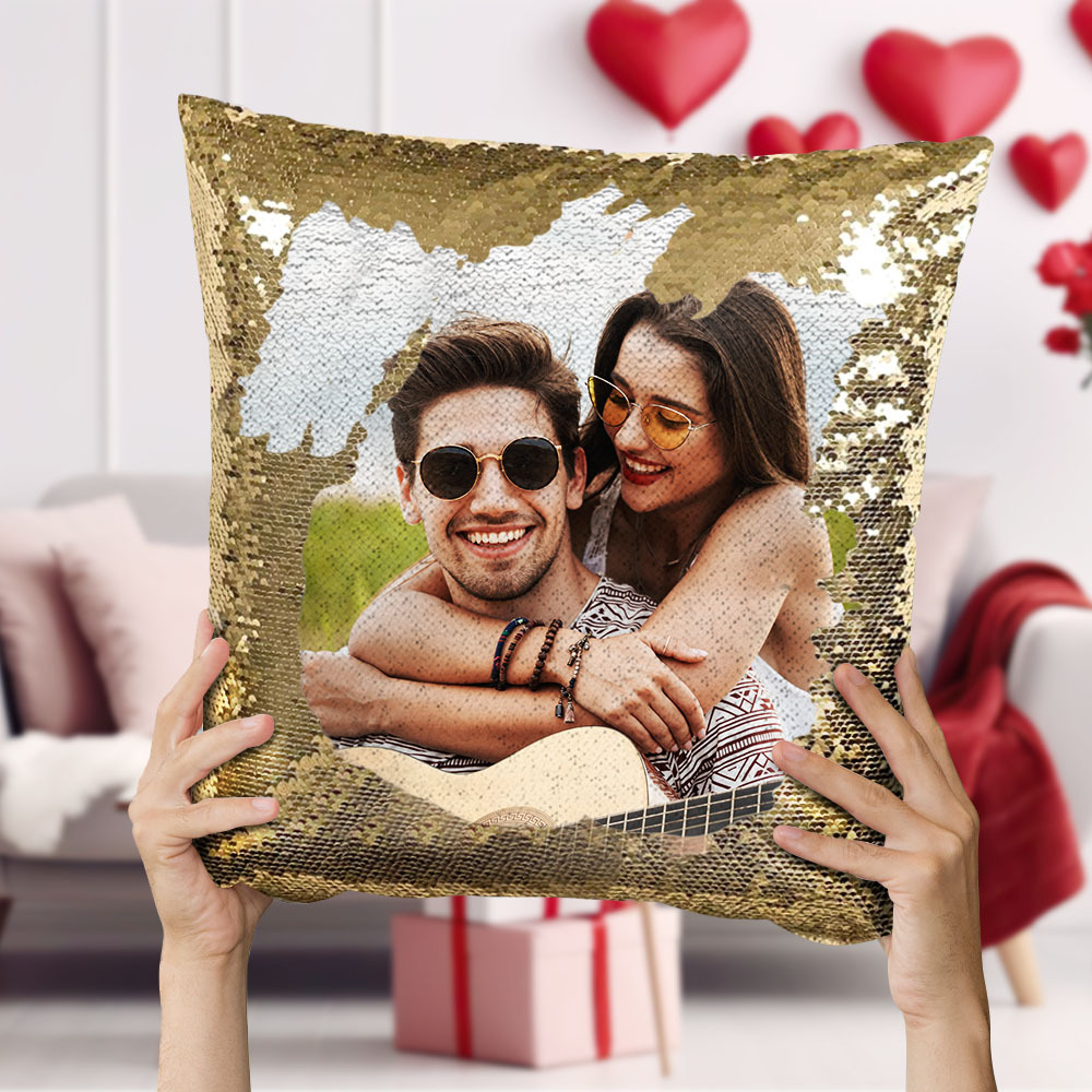 Valentine's Day Personalized Photo Sequin Pillow Full Printing Reversible Pillow Anniversary Gift   15.75" x 15.75"