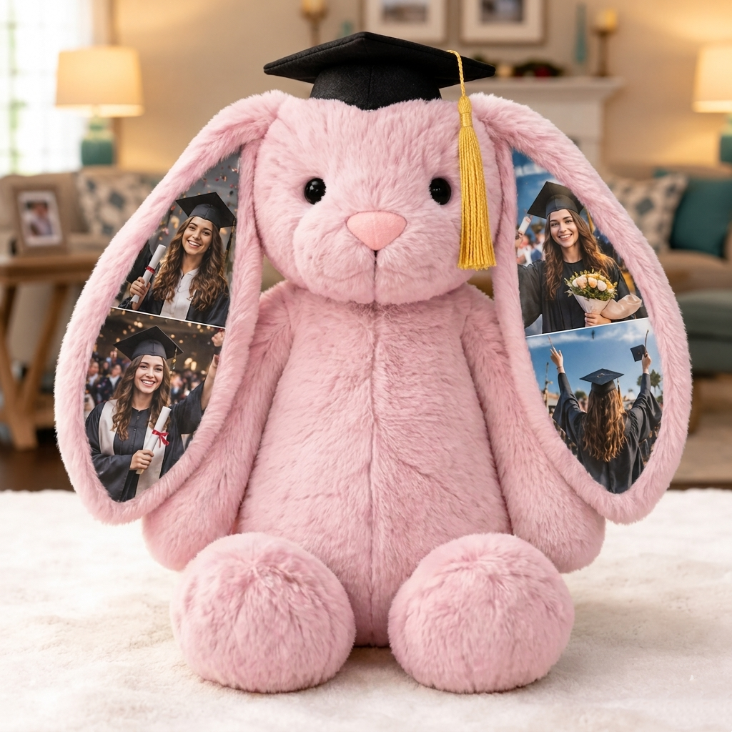 Custom Photo Bunny Plush, Personalized Hidden Ear Memory Bunny with Graduation Cap, Class of 2026 Gift - auphotoblanket
