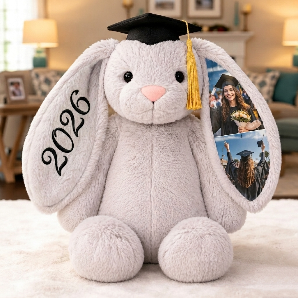 Custom Photo Bunny Plush, Personalized Hidden Ear Memory Bunny with Graduation Cap, Class of 2026 Gift - auphotoblanket