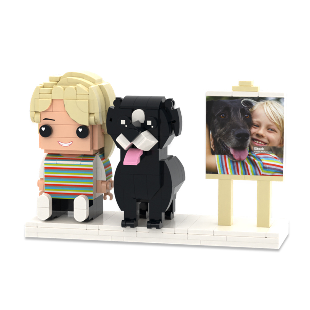 Personalized Full Body 2 People with Dog Brick Figures Custom Sitting Brick Figures - auphotoblanket