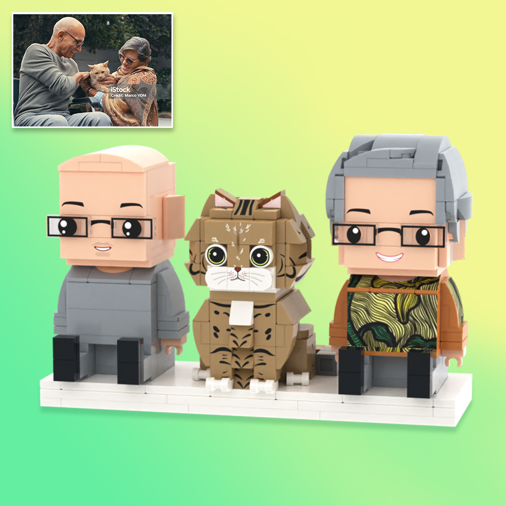 Personalized Full Body 2 People with Dog Brick Figures Custom Sitting Brick Figures - auphotoblanket