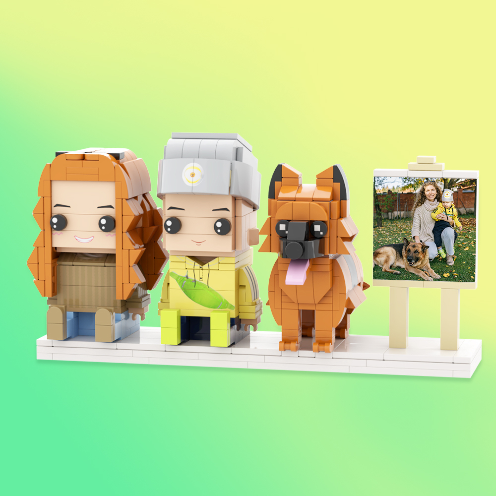 Personalized Full Body 2 People with Dog Brick Figures Custom Sitting Brick Figures - auphotoblanket