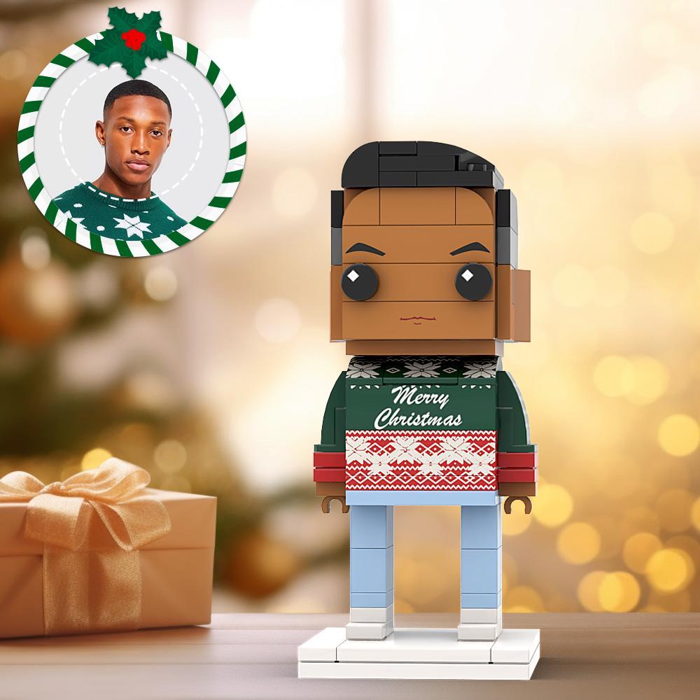 Ugly Christmas Sweater Classic Green And Red Custom Head Brick Figures Personalized Christmas Boy Brick Figures Small Particle Block Boy - auphotoblanket