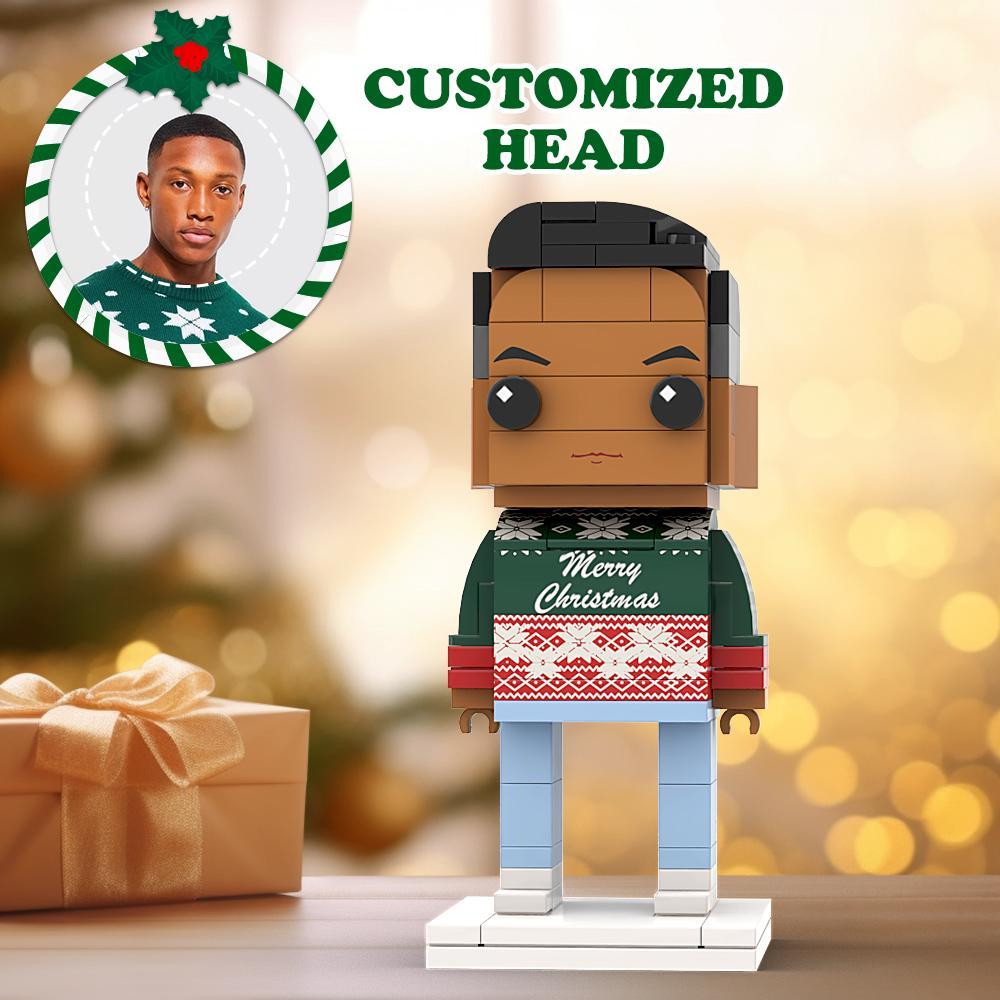 Ugly Christmas Sweater Classic Green And Red Custom Head Brick Figures Personalized Christmas Boy Brick Figures Small Particle Block Boy - auphotoblanket