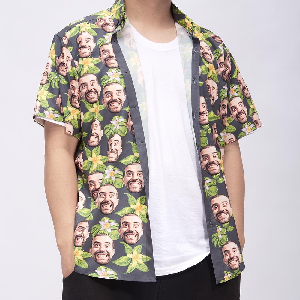 Custom Face Men's Hawaiian Shirt Green Flowers