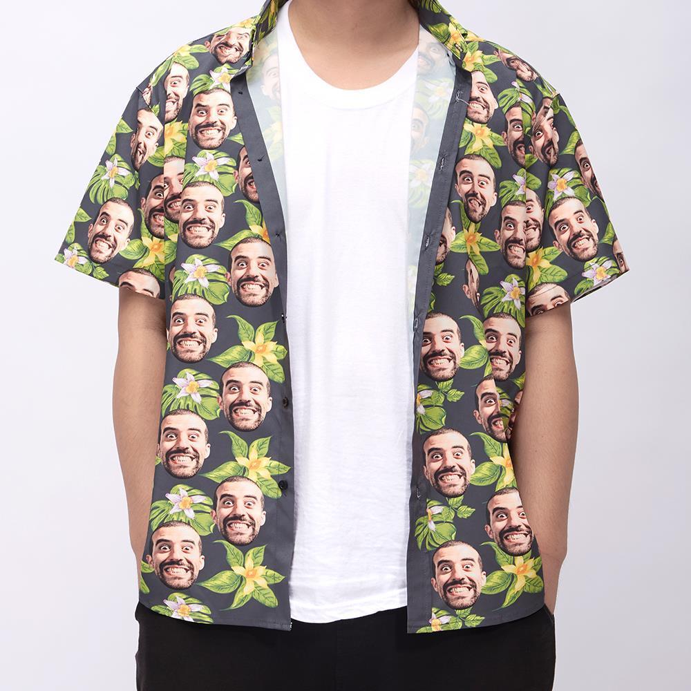 Custom Face Men's Hawaiian Shirt Green Flowers