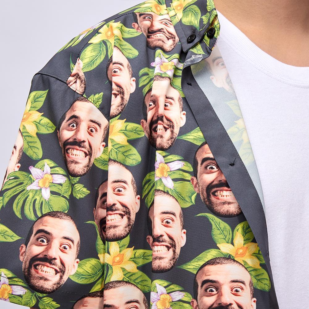 Custom Face Men's Hawaiian Shirt Green Flowers