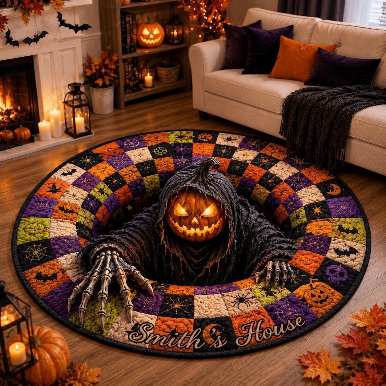 Halloween Round Rug – Spooky Area Rug with Pumpkin, Ghost & Skeleton Designs, Indoor Halloween Home Decor - auphotoblanket
