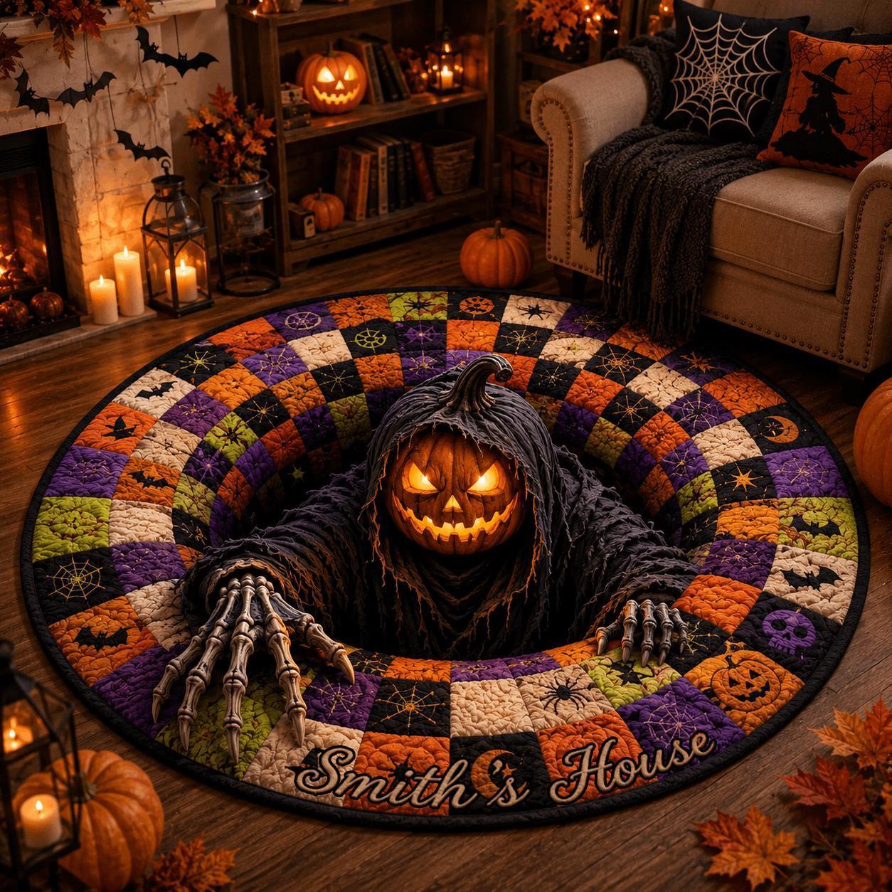 Halloween Round Rug – Spooky Area Rug with Pumpkin, Ghost & Skeleton Designs, Indoor Halloween Home Decor - auphotoblanket