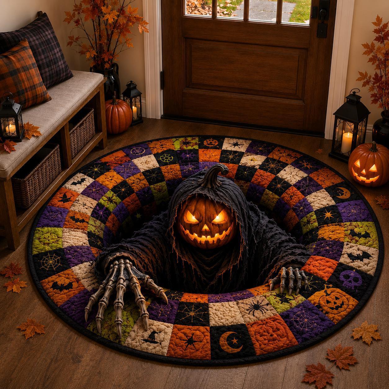 Halloween Round Rug – Spooky Area Rug with Pumpkin, Ghost & Skeleton Designs, Indoor Halloween Home Decor - auphotoblanket