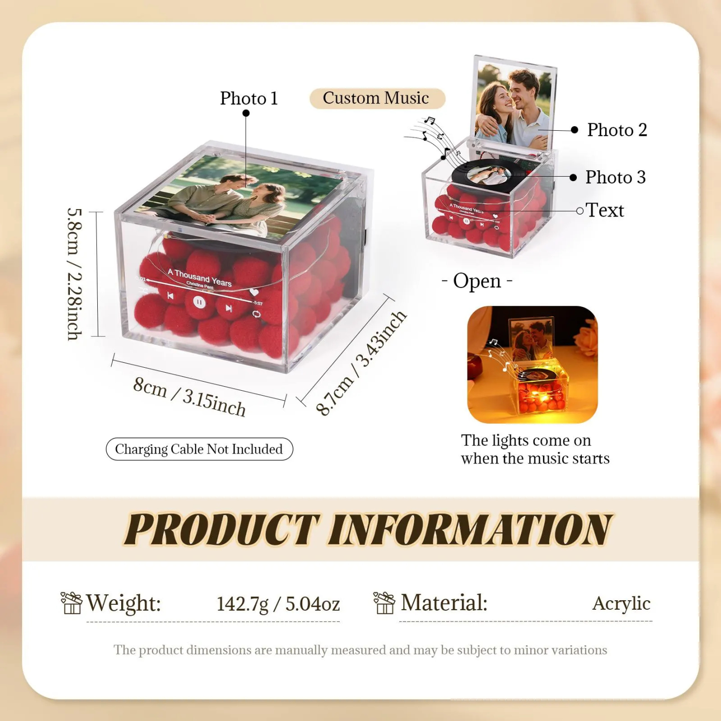 Premium Mini Music Record Auto-Music Player Custom Photo with Light Personalized Music Acrylic Box - auphotoblanket
