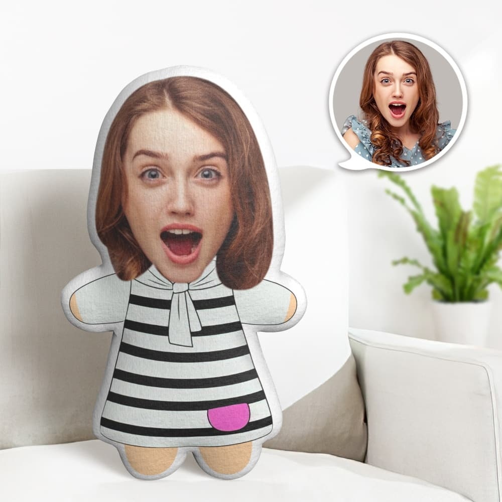 Cute Minime Throw Pillow Custom Face Pillow Personalized White and Black Stripe Dress Minime Pillow - auphotoblanket