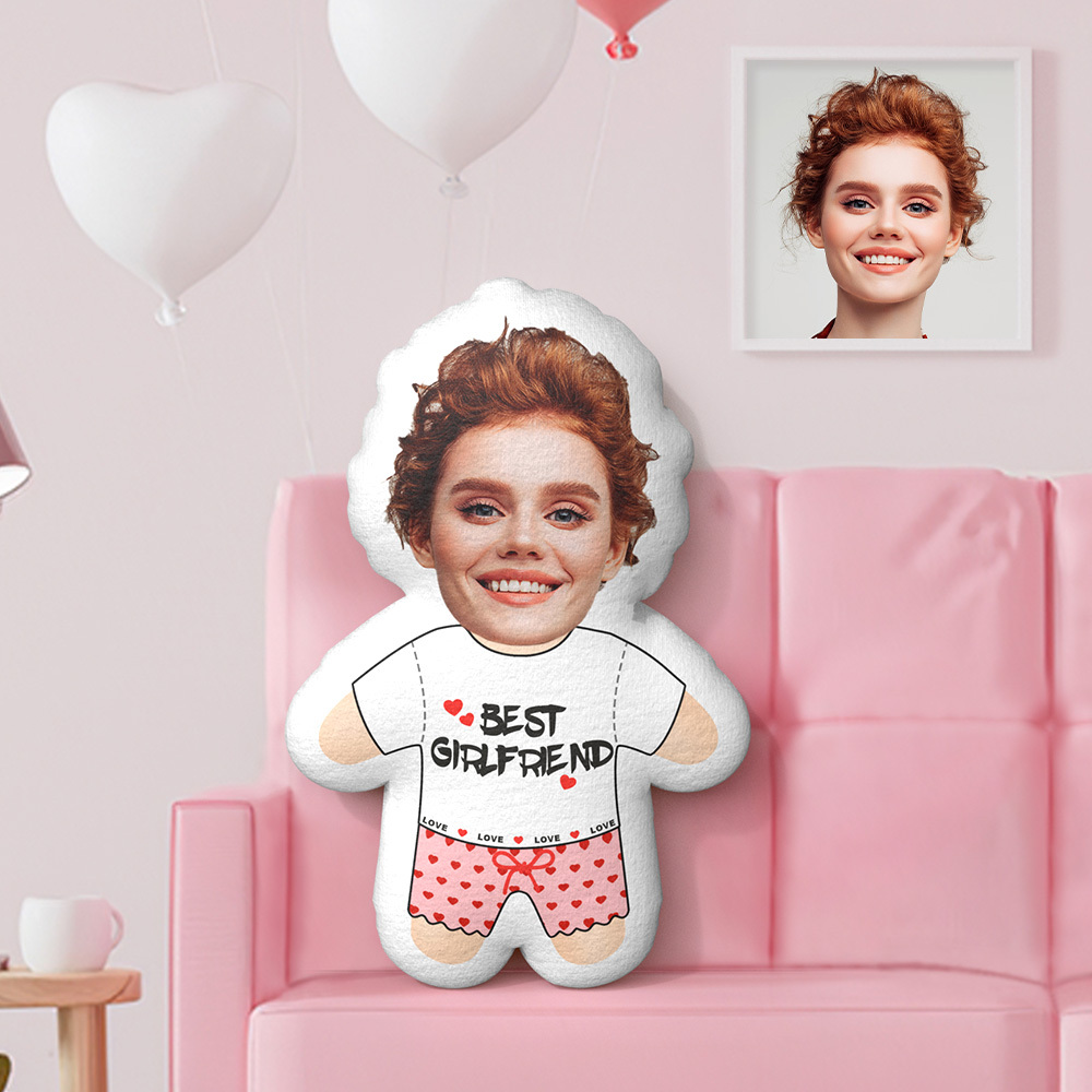 Best Girlfriend Minime Teddy Pillow Custom Face Personalized Photo Minime Doll Valentine's Day Gifts - auphotoblanket