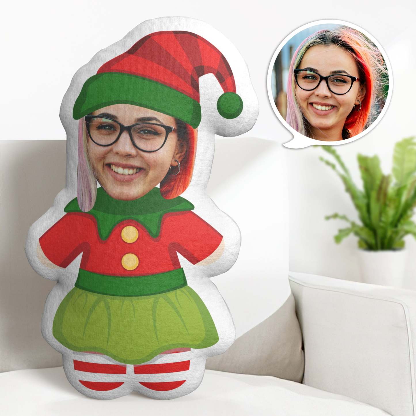 Custom Face Minime Throw Pillow Personalized Christmas Elf Cartoon Minime Throw Pillow Gifts - auphotoblanket