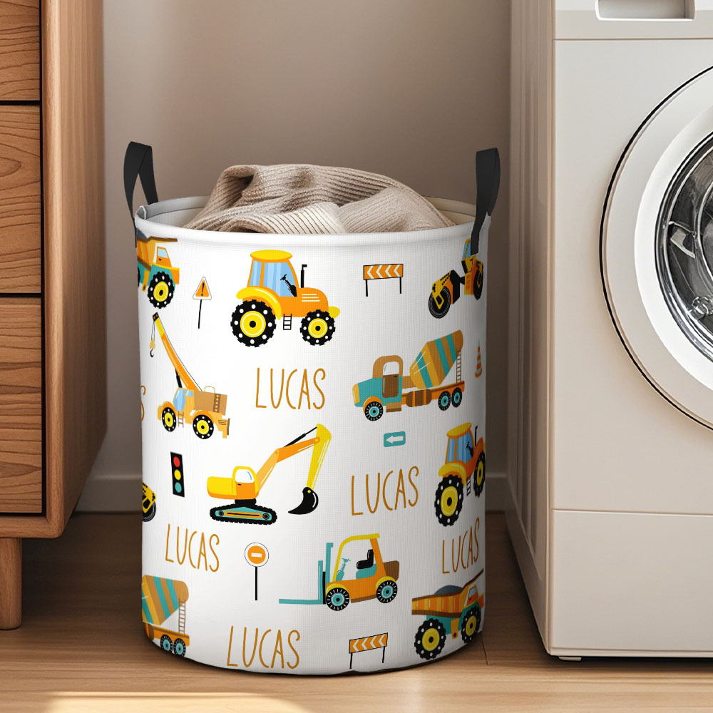 Custom Laundry Storage Basket with Construction Trucks for Children - auphotoblanket