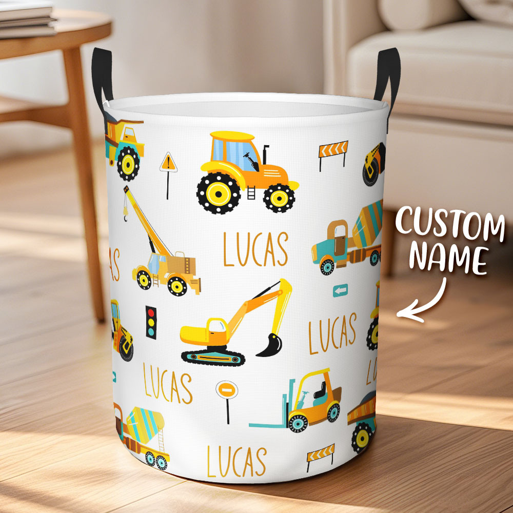 Custom Laundry Storage Basket with Construction Trucks for Children - auphotoblanket