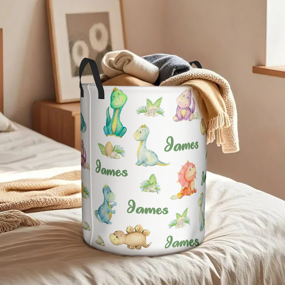Custom Name Laundry Storage Basket with Dinosaurs for Children - auphotoblanket
