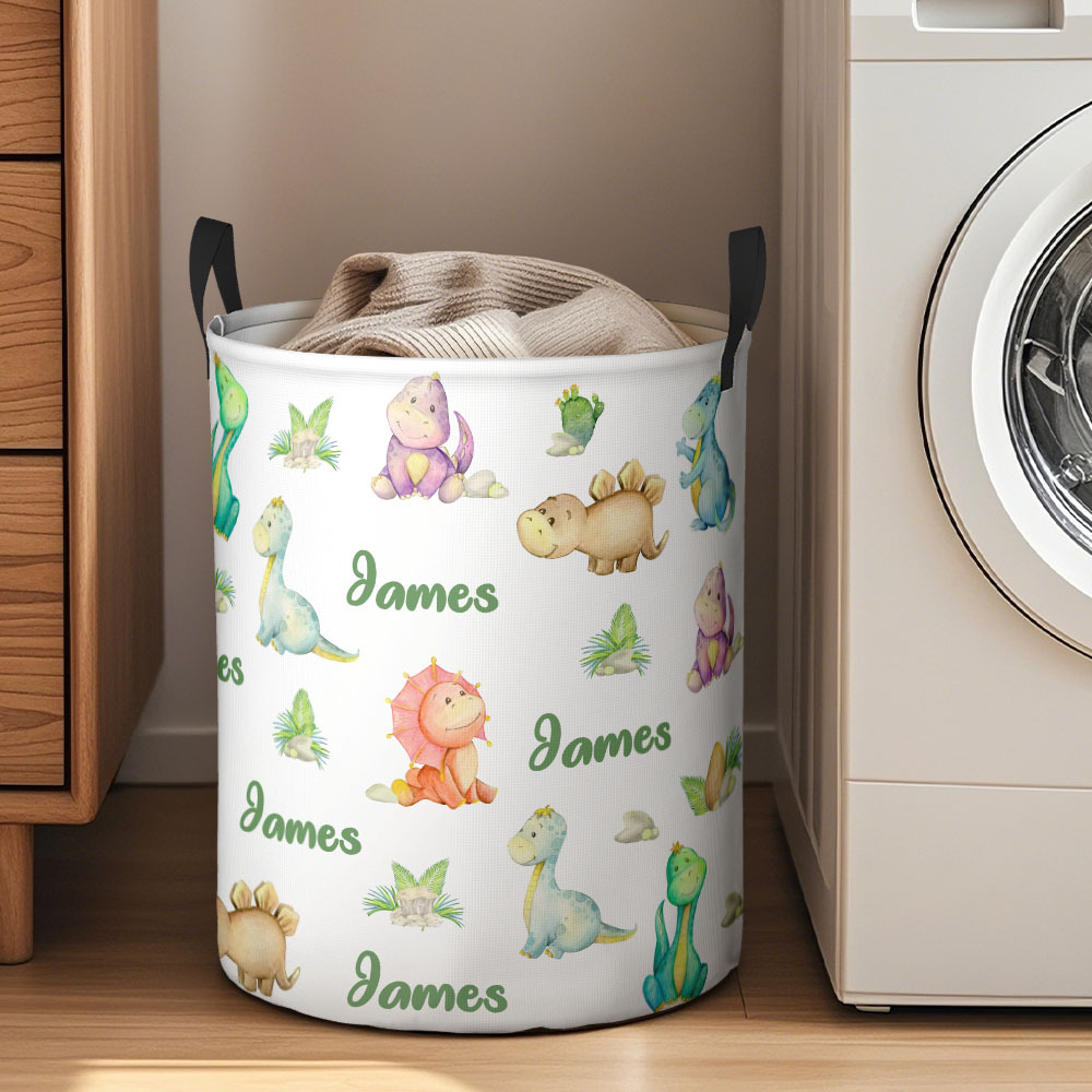 Custom Name Laundry Storage Basket with Dinosaurs for Children - auphotoblanket