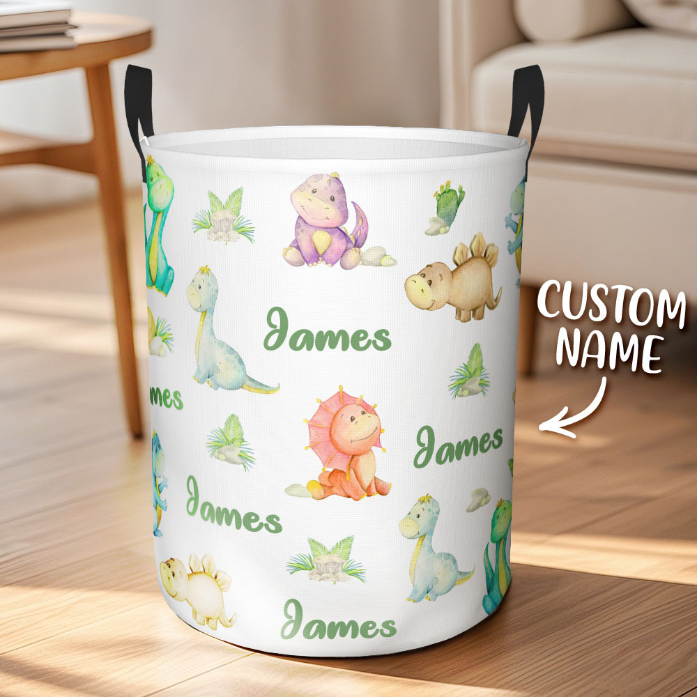 Custom Name Laundry Storage Basket with Dinosaurs for Children - auphotoblanket