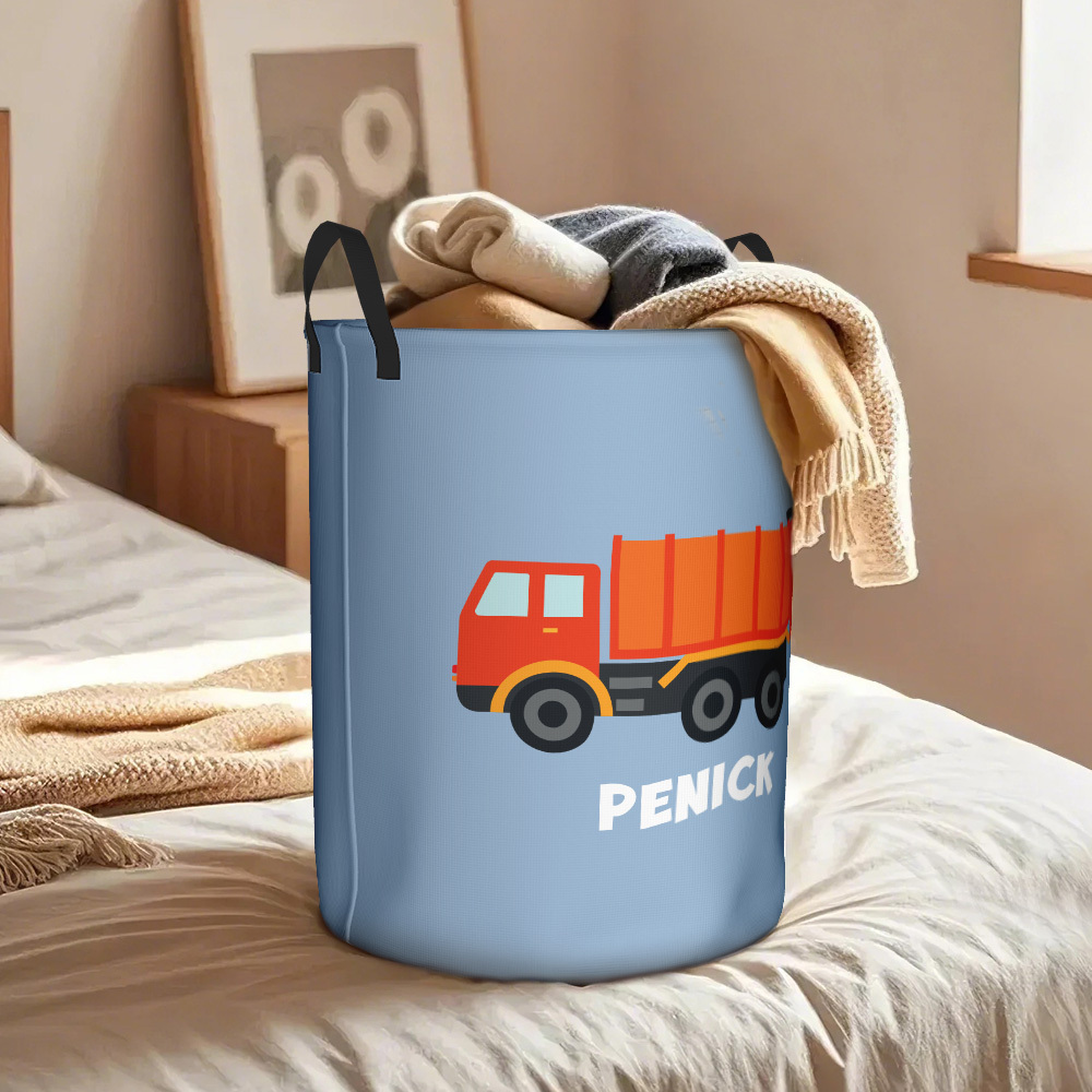Personalised Work Vehicles Construction Trucks High Capacity Storage Basket with Name for Boys Girls Truck Lover - auphotoblanket