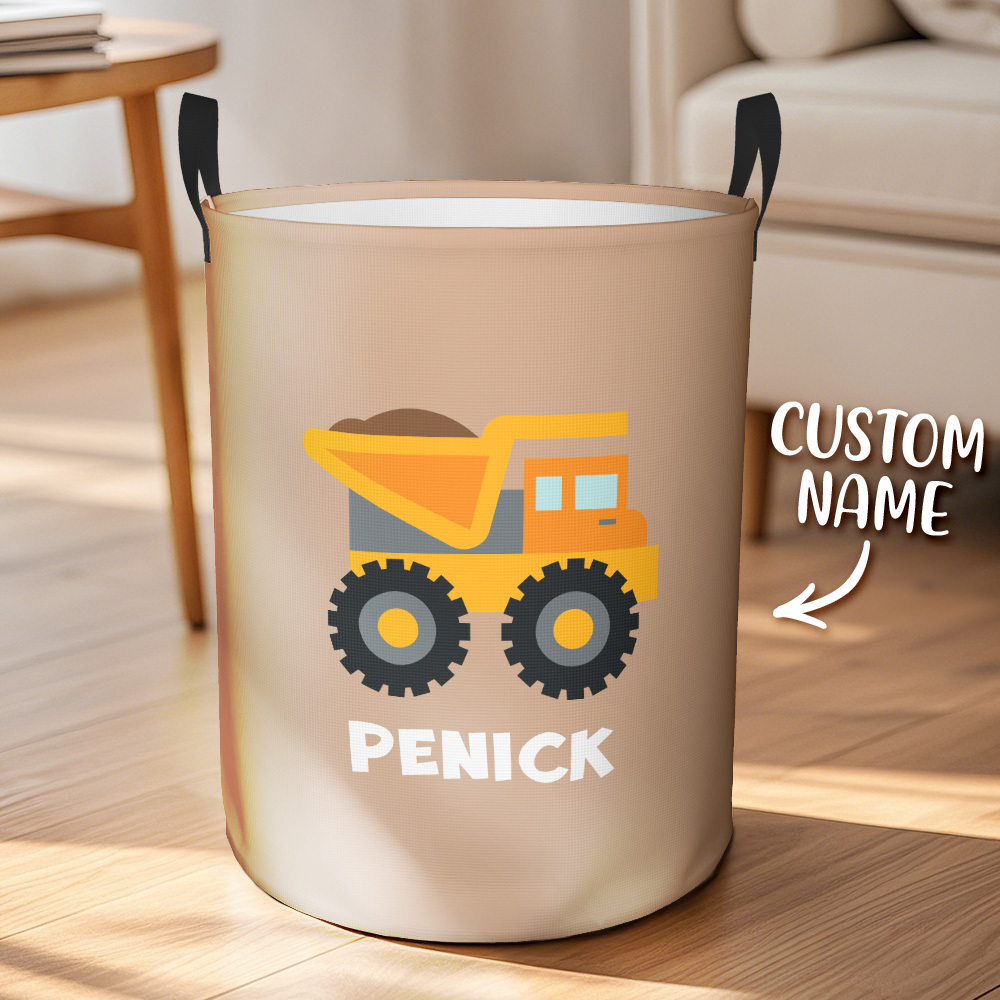 Personalised Work Vehicles Construction Trucks High Capacity Storage Basket with Name for Boys Girls Truck Lover - auphotoblanket