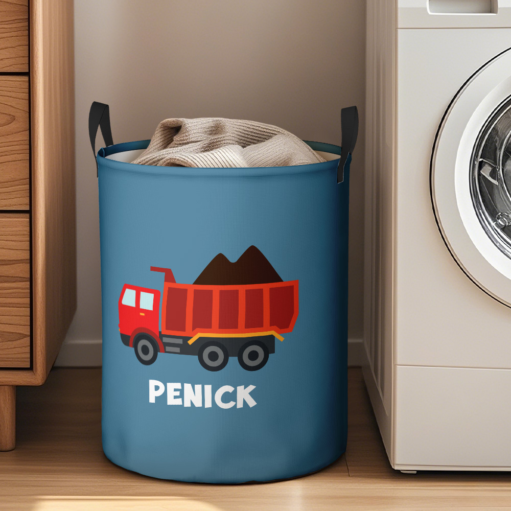 Personalised Work Vehicles Construction Trucks High Capacity Storage Basket with Name for Boys Girls Truck Lover - auphotoblanket