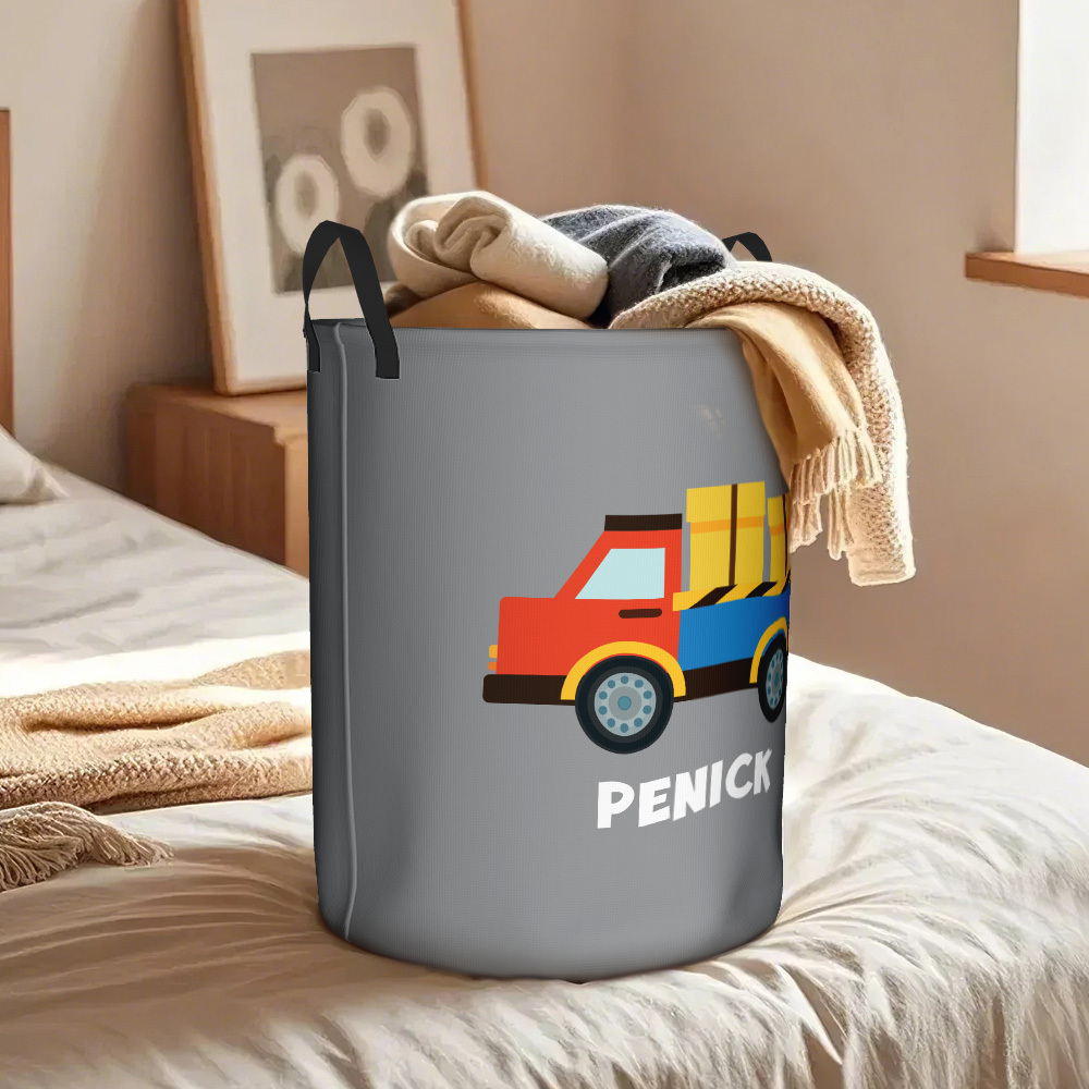 Personalised Work Vehicles Construction Trucks High Capacity Storage Basket with Name for Boys Girls Truck Lover - auphotoblanket