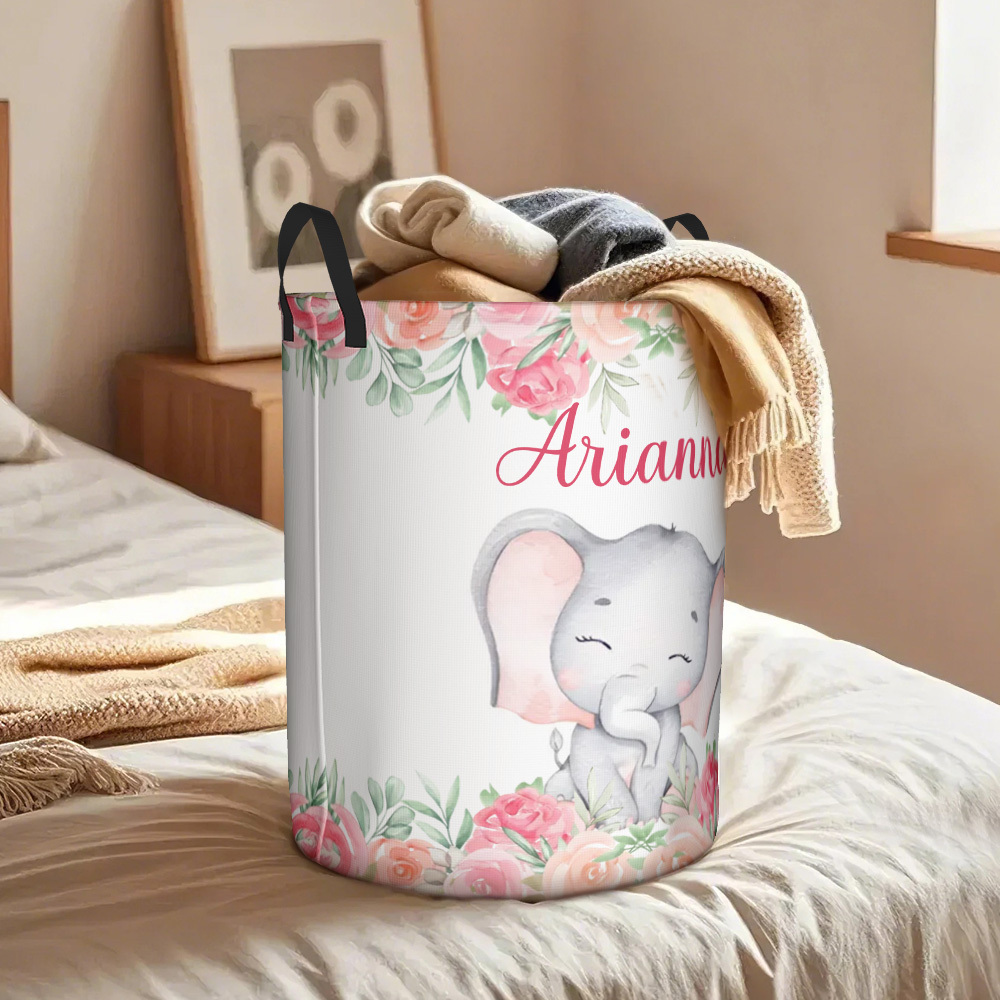 Personalised Floral Elephant Storage Basket Waterproof Laundry Basket with Name Birthday Gift for Children - auphotoblanket