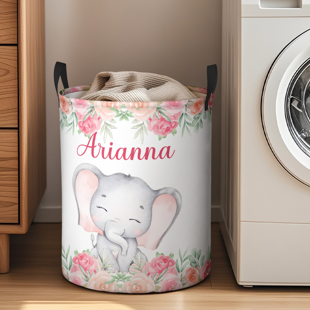 Personalised Floral Elephant Storage Basket Waterproof Laundry Basket with Name Birthday Gift for Children - auphotoblanket