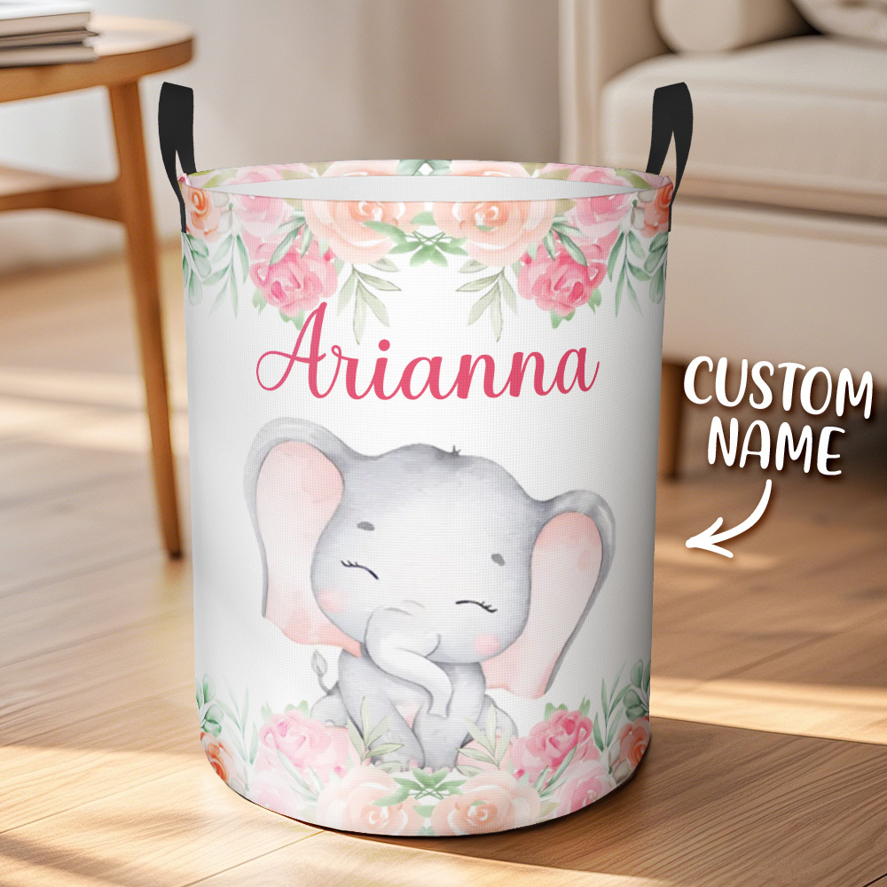 Personalised Floral Elephant Storage Basket Waterproof Laundry Basket with Name Birthday Gift for Children - auphotoblanket